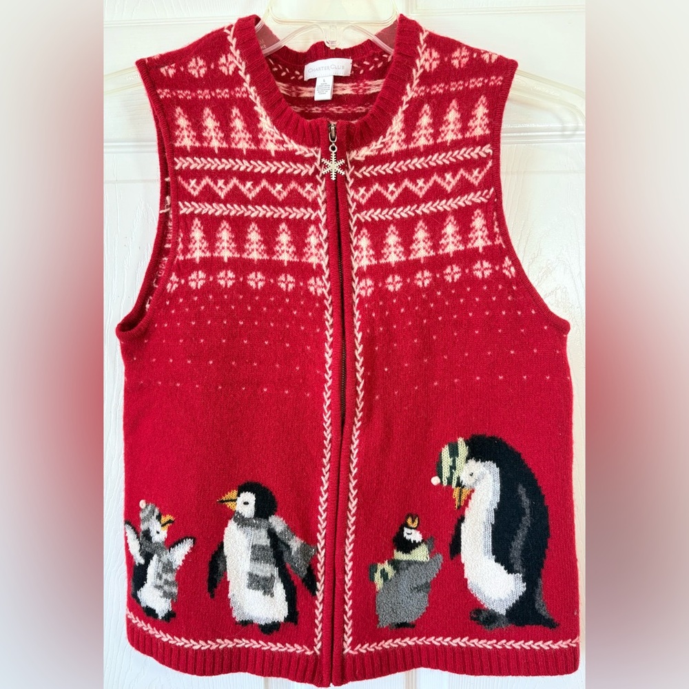 Charter Club 100% Lambswool Embroidered Red Penguin Christmas Vest Large